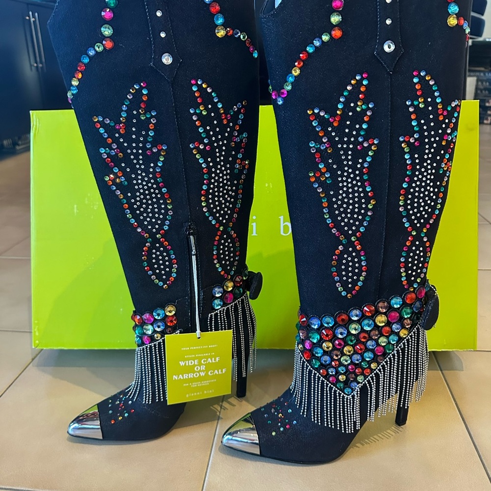 Gianni Bini Black Boots with Multicolor Embellishments